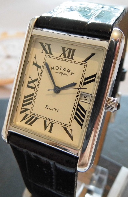 Rotary Elite Silver, White Dial, Black Leather Strap