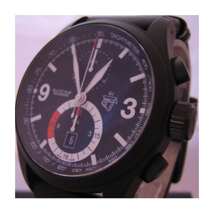 Glycine Black Jack Chronograph, Black Dial With Leather Strap