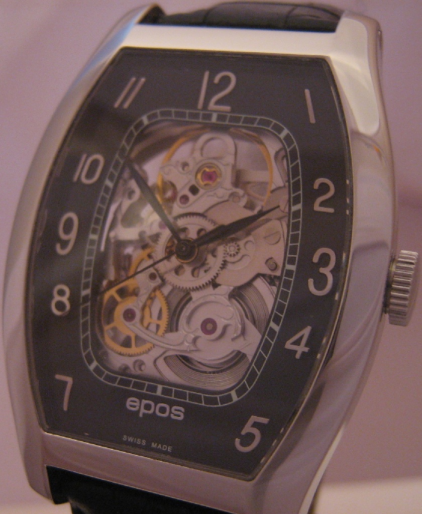 Epos Tonneau Skeleton Watch, Black Dial With Leather Stap