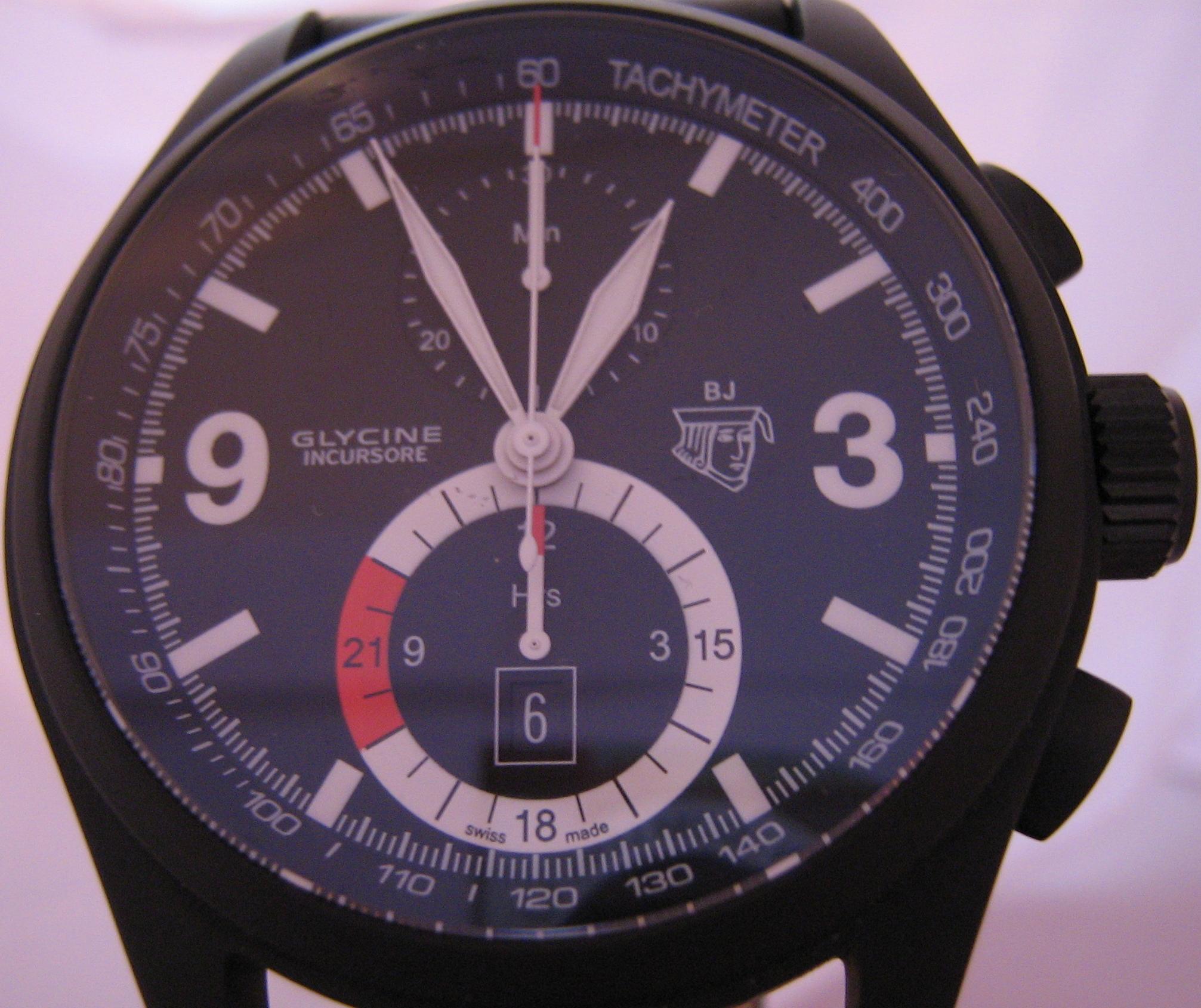 Glycine Black Jack Chronograph, Black Dial With Leather Strap