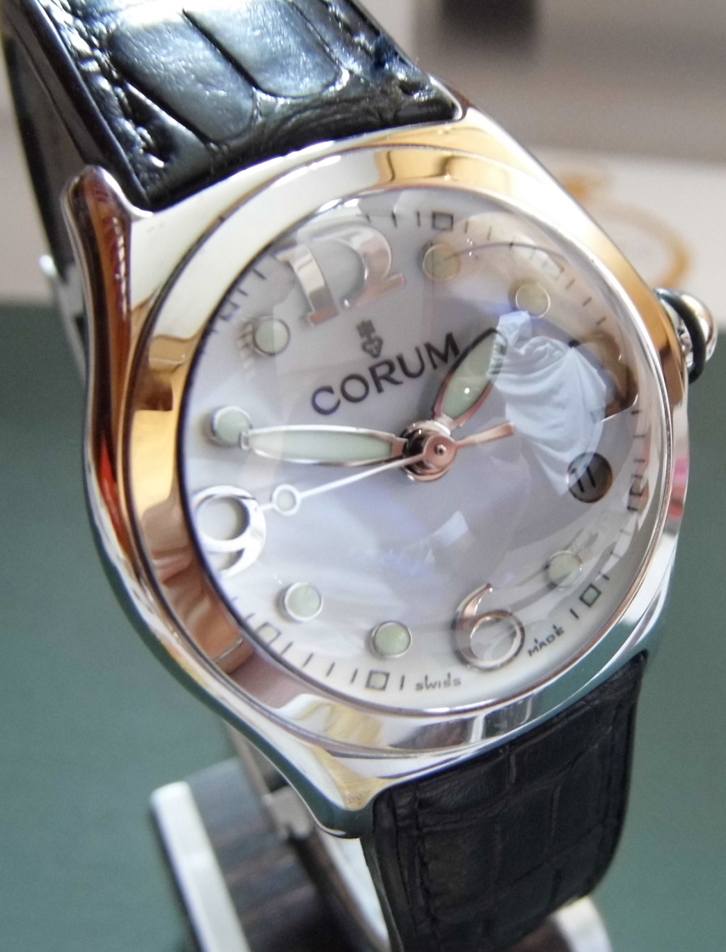Corum Bubble Quartz, Silver Dial, Black Leather Strap
