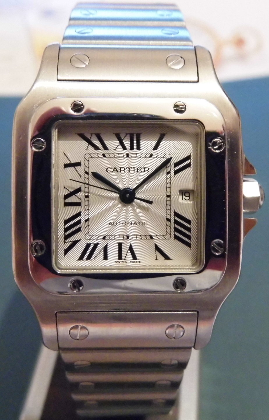 Cartier Santos Automatic, Silver Guilloche Dial, Steel Bracelet