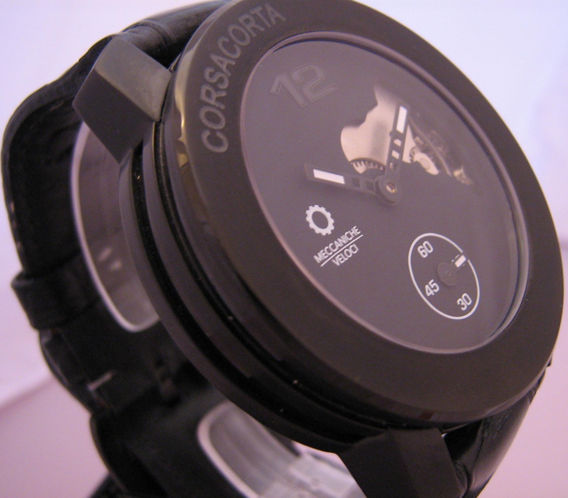 Meccaniche Veloci Corsa Corta Watch, Black Dial With Leather Strap