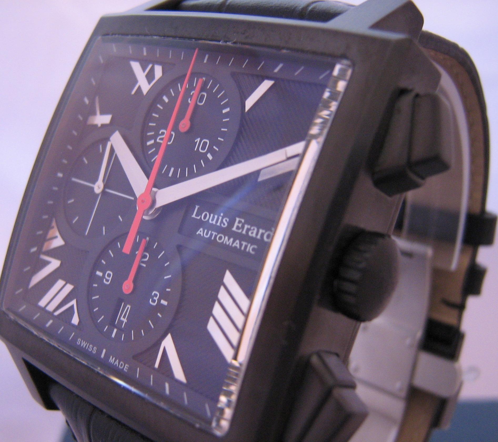 Louis Erard La Carree Automatic Chronograph, Black Dial With Leather Strap