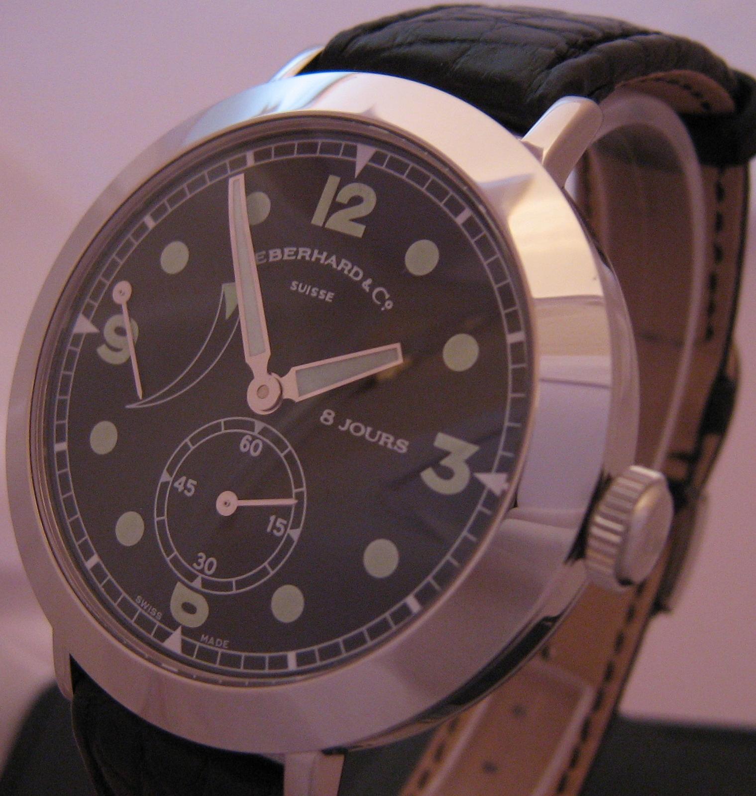 Eberhard & Co Postillon 8 Jours Handwinding Watch, Black Dial With Leather Strap