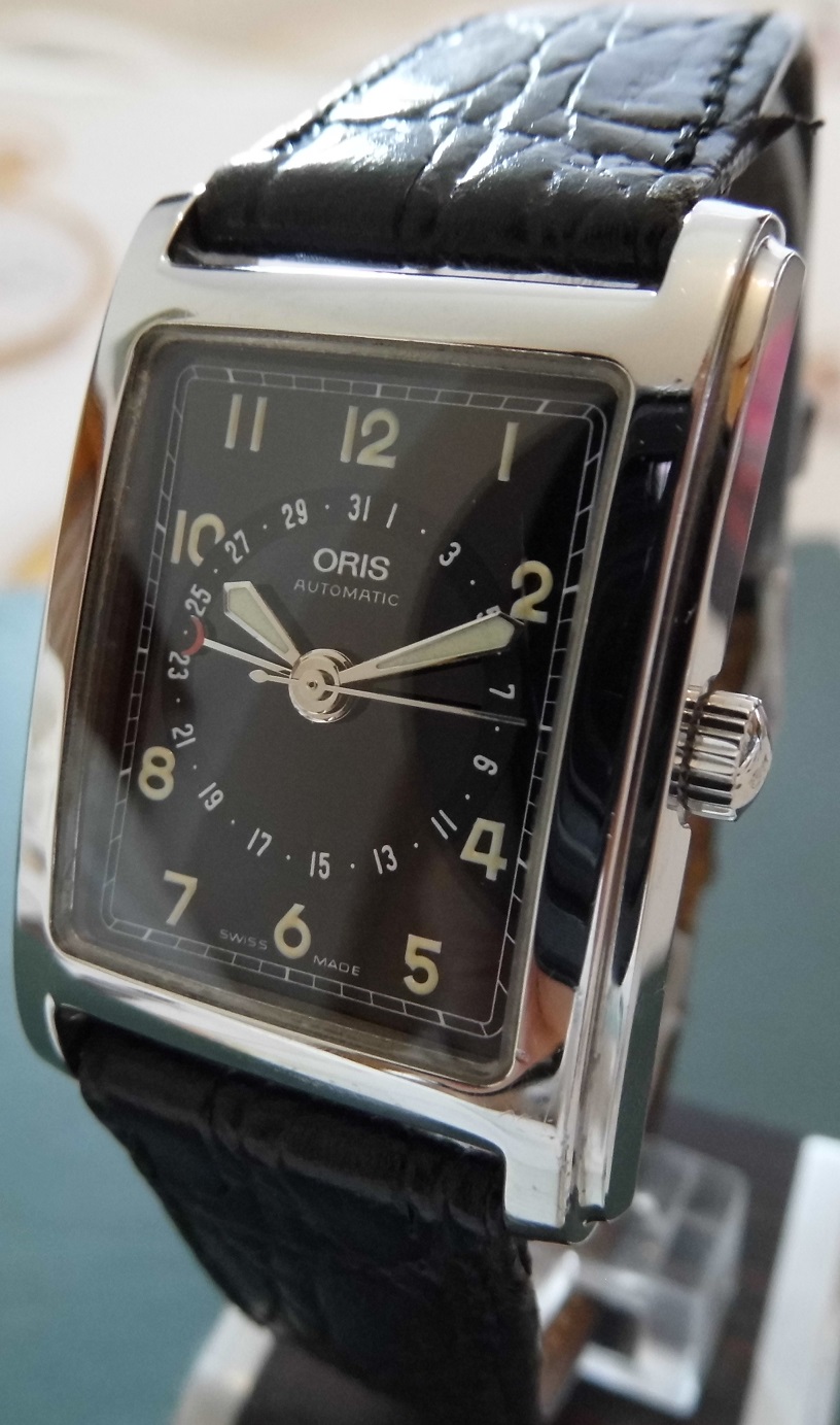 Oris Rectangular Pointer Date, Black Dial With Leather Strap