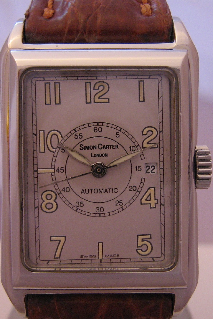 Simon Carter Automatic Tank Watch, Silver Dial With Leather Strap